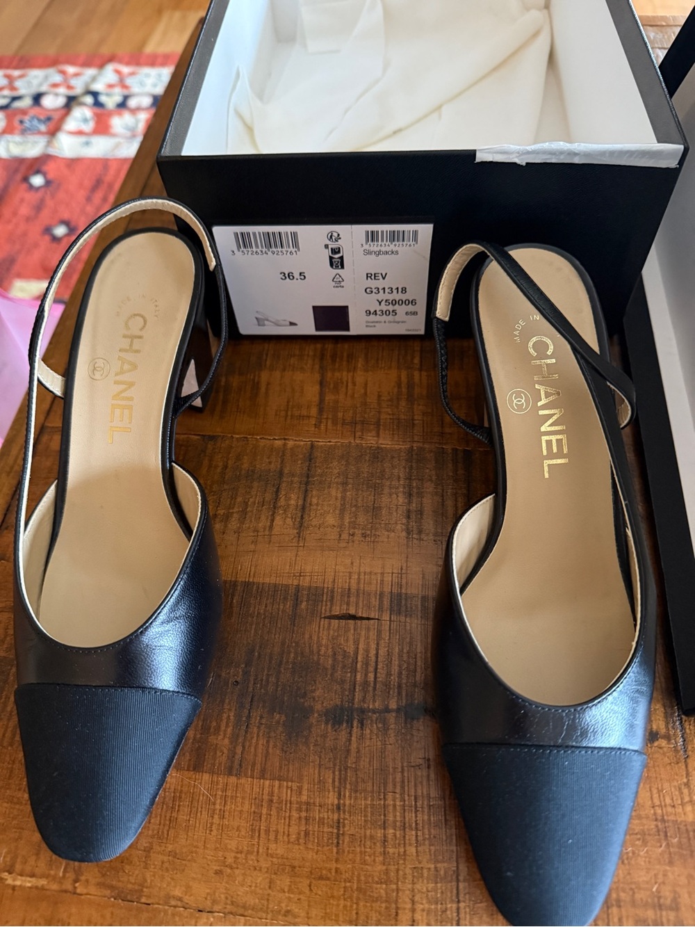 CHANEL Black Leather & Fabric Slingback Mules